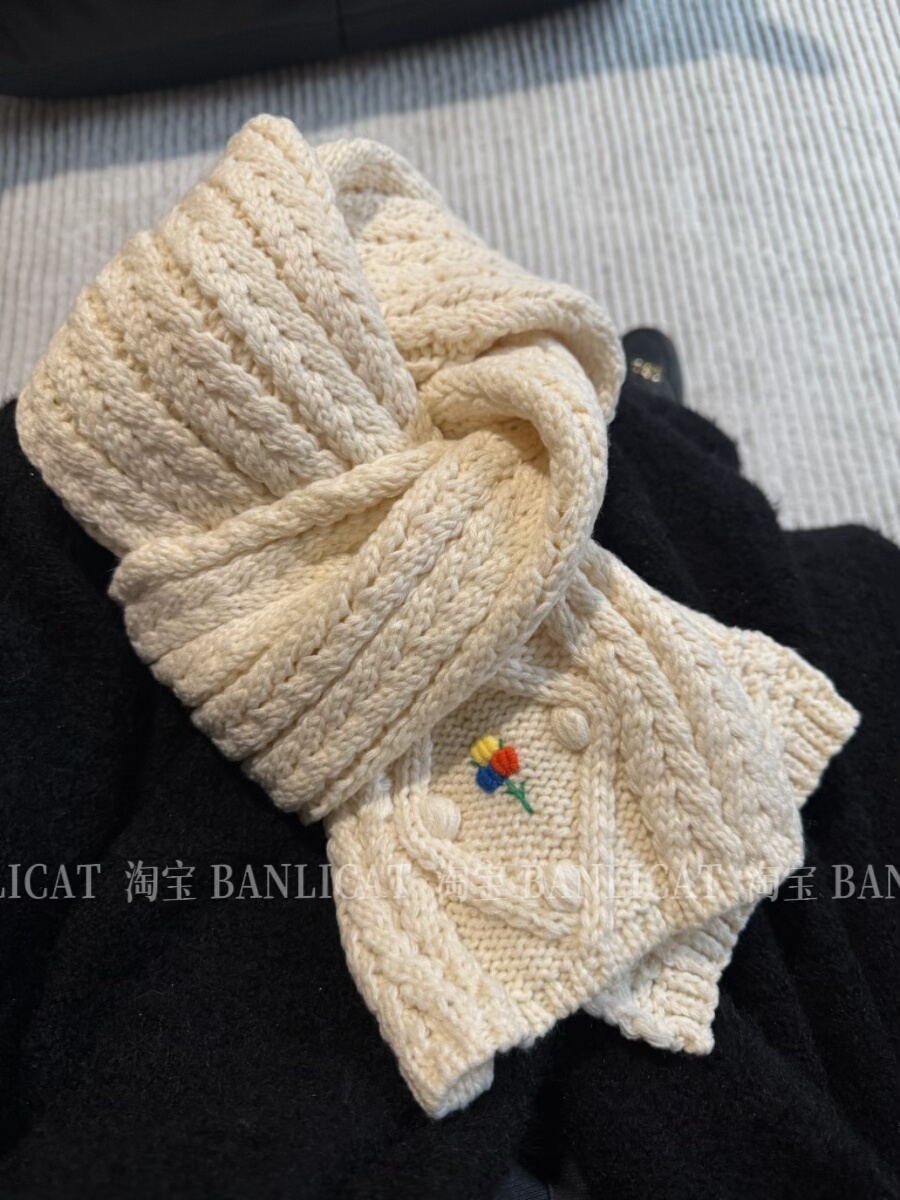 超软糯舒适～奶呼呼米白色针织小花围巾女韩版秋冬保暖披肩围脖礼