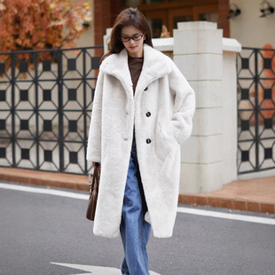 小个子甜美翻领设计感仿羊羔毛绒外套2024秋冬加厚中长款毛毛大衣