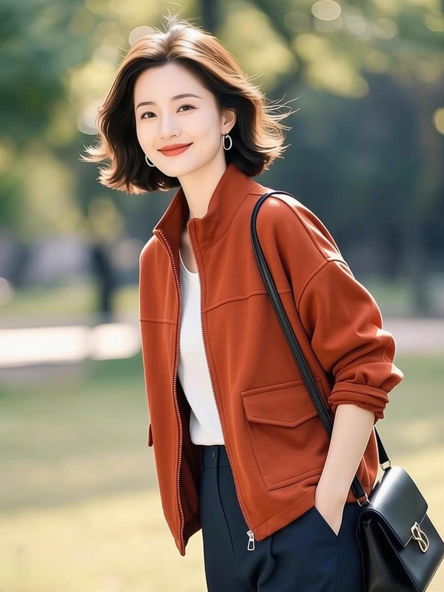 女士中年外套女春秋季2026新款宽松妈妈休闲卫衣开衫夹克立领上衣