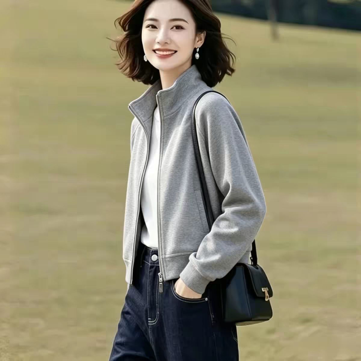 棉质立领卫衣女短款2026秋季新款时尚小个子休闲拉链上衣开衫外套
