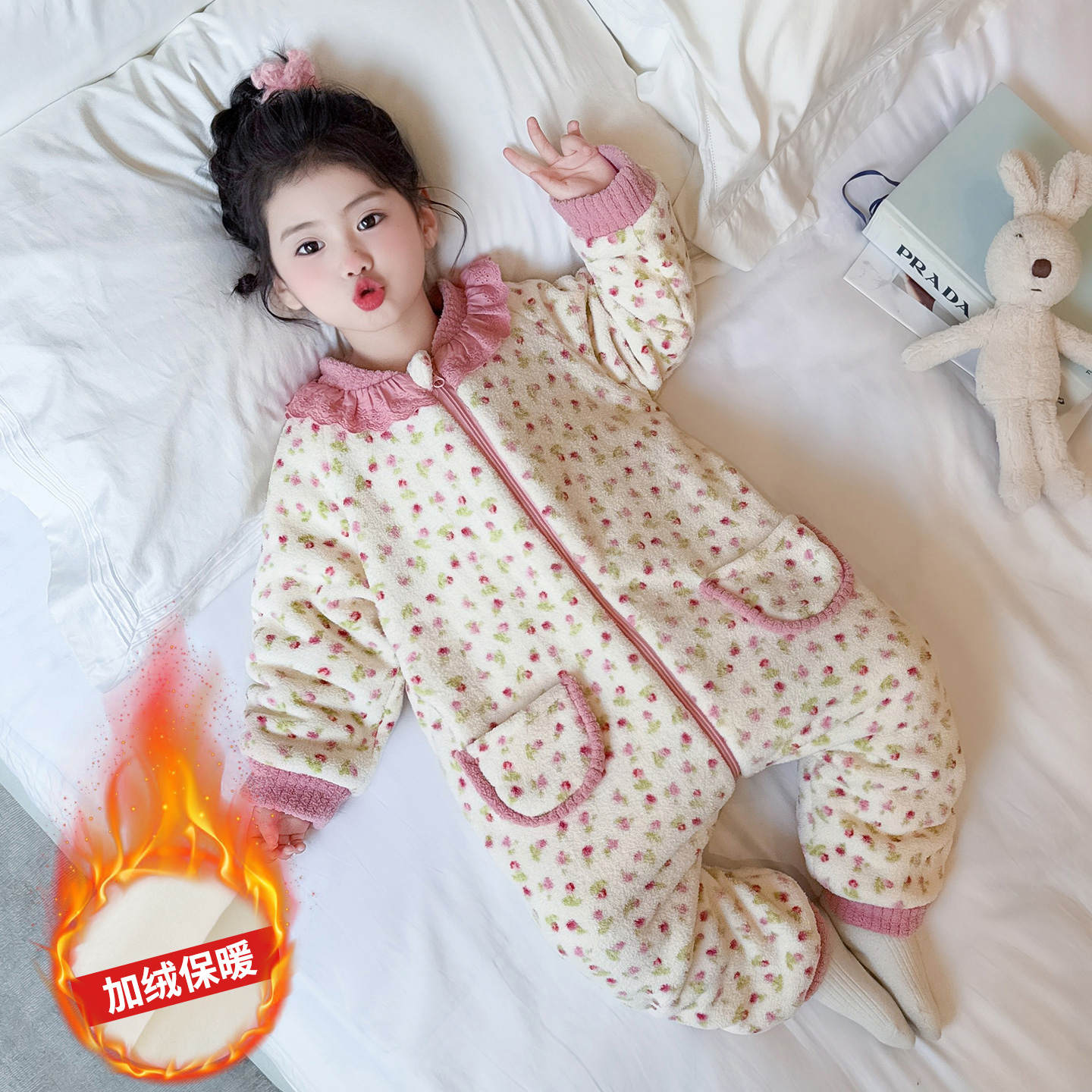 女童连体睡衣秋冬加绒宝宝婴儿睡袋冬季加厚保暖儿童法兰绒家居服