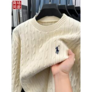 奥莱折扣正品保罗男女款圆领绞花纹毛衣加厚保暖刺绣针织衫打底衫