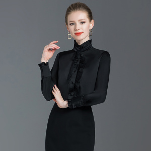 黑色衬衫女长袖秋冬职业2025新款上衣立领荷叶边加绒加厚衬衣女冬