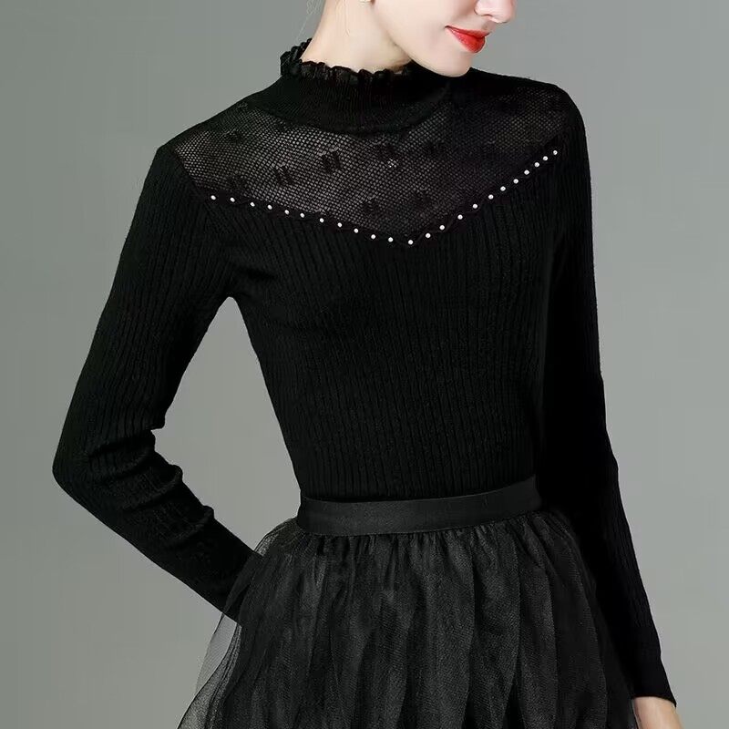 半高领毛衣女蕾丝上衣针织打底衫