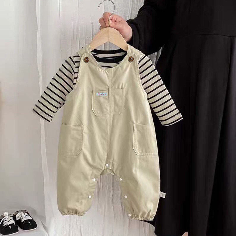 宝宝春秋套装2025新款条纹婴儿衣服a类洋气婴幼儿背带裤连体男女