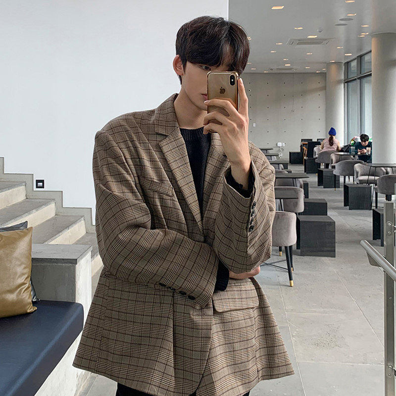春装oversize宽松休闲格子西装男韩版潮流落肩西服外套FC510-P98，男装西服套装，四季星座713