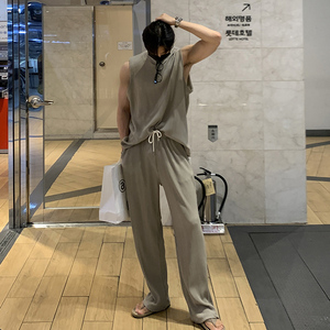 夏季气质二件套男士背心韩版宽松痞帅短袖T恤长裤套装一套V01-P85图片
