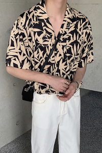 夏季帅气垂感夏威夷古巴领短袖衬衫男韩版宽松碎花衬衣CT53-P45图片