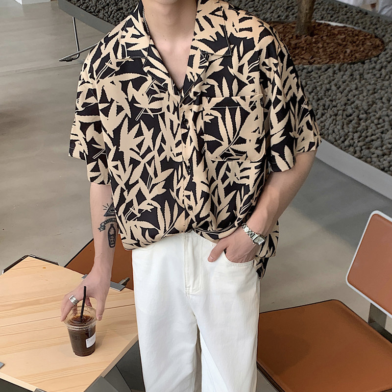 夏季帅气垂感夏威夷古巴领短袖衬衫男韩版宽松碎花衬衣CT53-P45，男装衬衫，四季星座713