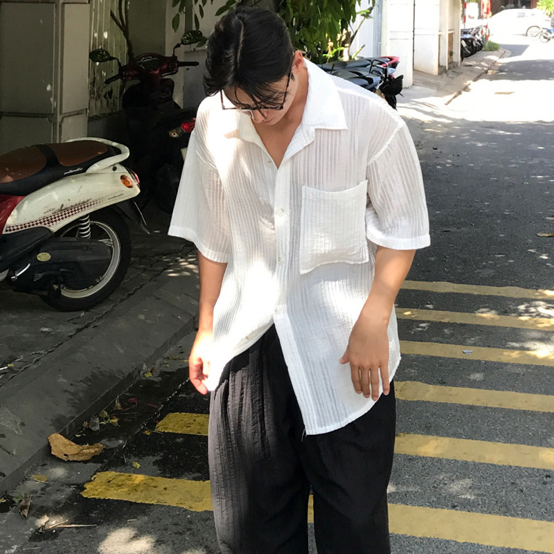 夏季海边薄款冰丝条纹短袖衬衫男韩版宽松痞帅半袖衬衣CT113-P45，男装衬衫，四季星座713