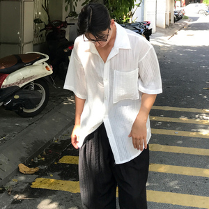 夏季海边薄款冰丝条纹短袖衬衫男韩版宽松痞帅半袖衬衣CT113-P45，男装衬衫，四季星座713