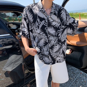 夏季帅气夏威夷垂感树叶短袖衬衫男古巴领宽松海边衬衣CT288-P45图片