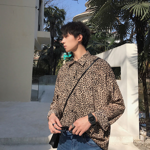 春夏季帅气垂感豹纹长袖衬衫男韩版宽松碎花薄款情侣衬衣C60图片