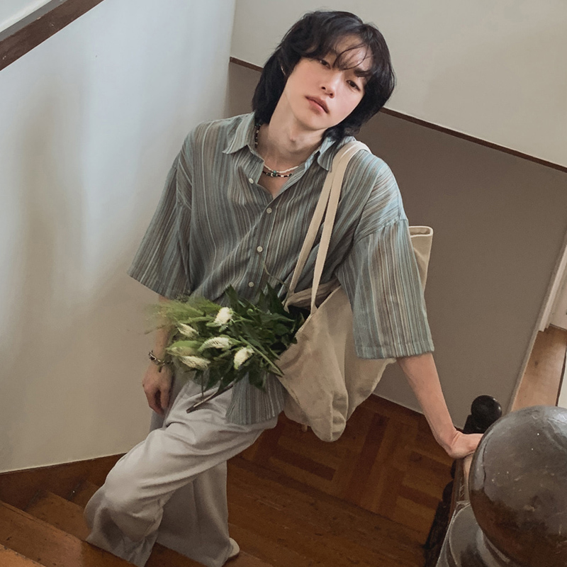 夏季oversize帅气彩条落肩短袖衬衫男韩版宽松衬衣打底衫CT39-P45，男装衬衫，四季星座713
