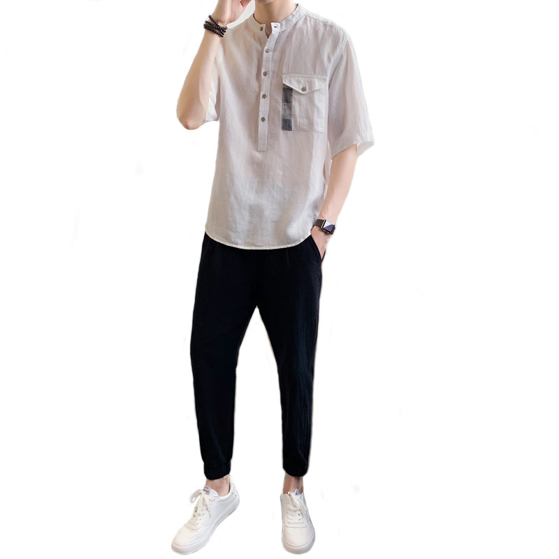 夏季气质棉麻短袖衬衫男套装韩版修身五分中袖衬衣两件套CC18-P90,男装衬衫,四季星座713