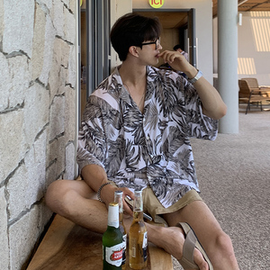 夏季气质垂感树叶纹短袖衬衫男韩版宽松帅气落肩衬衣CT28-P45图片
