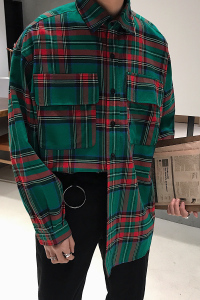 秋季ulzzang工装长袖格子衬衫男宽松韩版衬衣帅打底衫C55图片