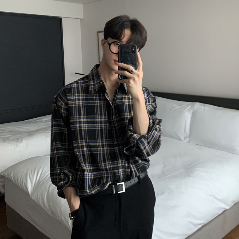秋季帅气格子长袖衬衫韩版宽松潮衬衣FC169-P55，男装衬衫，四季星座713