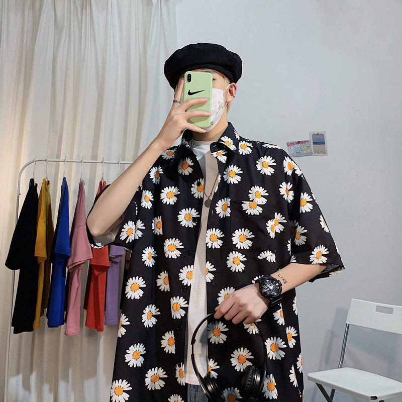 夏季百搭小雏菊短袖衬衫男韩版宽松情侣衬衣女碎花薄C205,男装衬衫,四季星座713