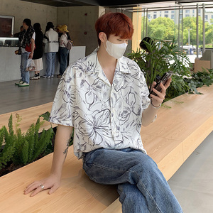 夏季夏威夷垂感冰爽短袖衬衫男韩版宽松海边树叶衬衣CT52-P45图片