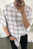 夏季ulzzang垂感格子短袖衬衫男韩版衬衣网红中袖上衣C57-P40，男装衬衫，四季星座713
