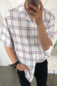 夏季ulzzang垂感格子短袖衬衫男韩版衬衣网红中袖上衣C57-P40图片