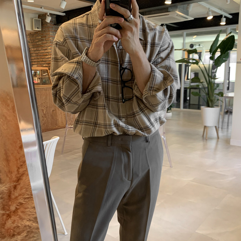 秋季气质格子长袖衬衫韩版宽松打底衫潮衬衣FC169-P55，男装衬衫，四季星座713