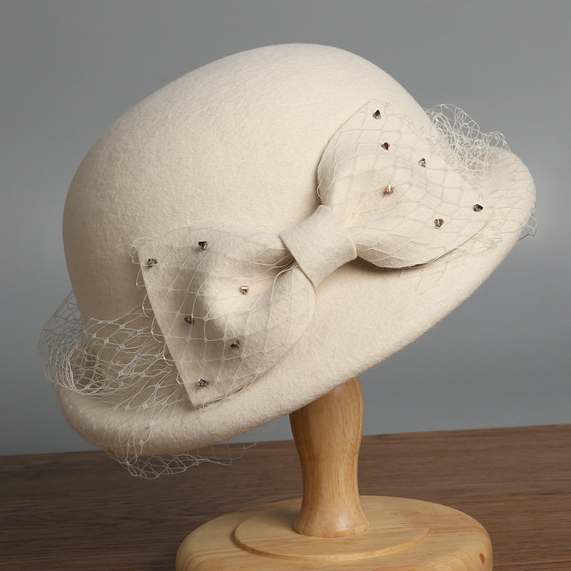 秋冬优雅羊毛盆帽时尚百搭蝴蝶结名媛法式礼帽网纱毛毡保暖女复古