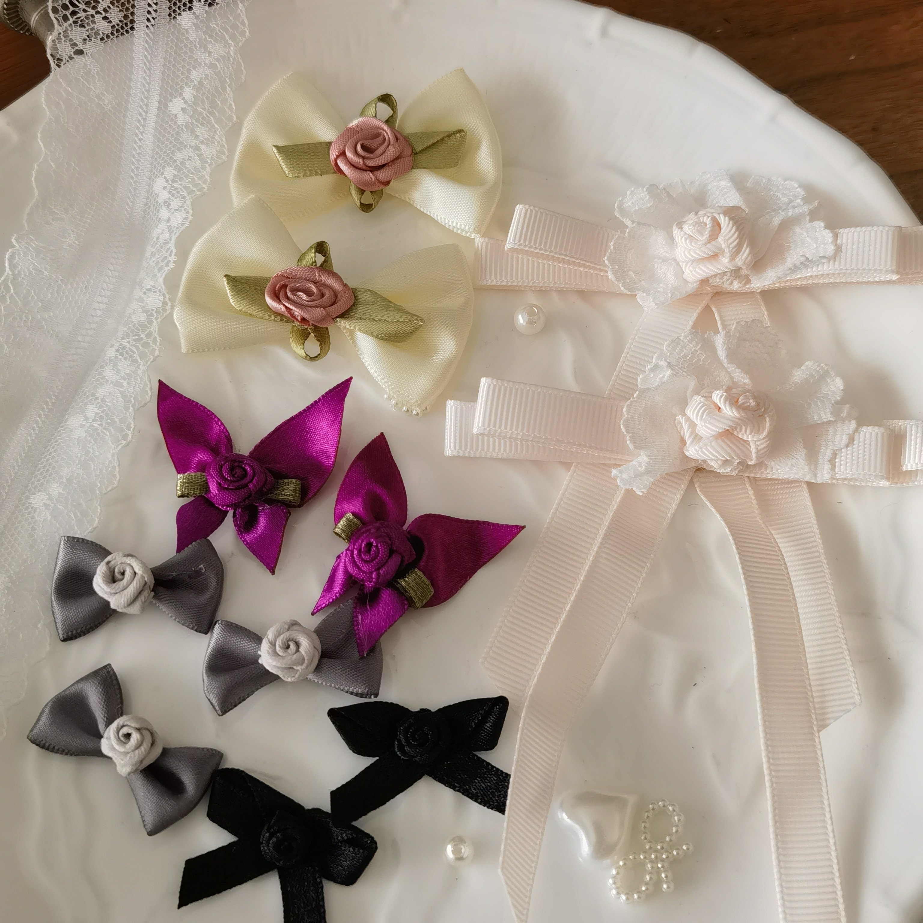 5朵价双叶缎带复古小玫瑰花朵蝴蝶结diy手工娃衣服鞋帽手作辅料