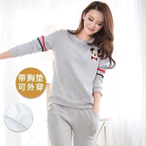 睡衣女款秋季纯棉带胸垫一体式长袖薄款套装春秋款女士家居服秋冬