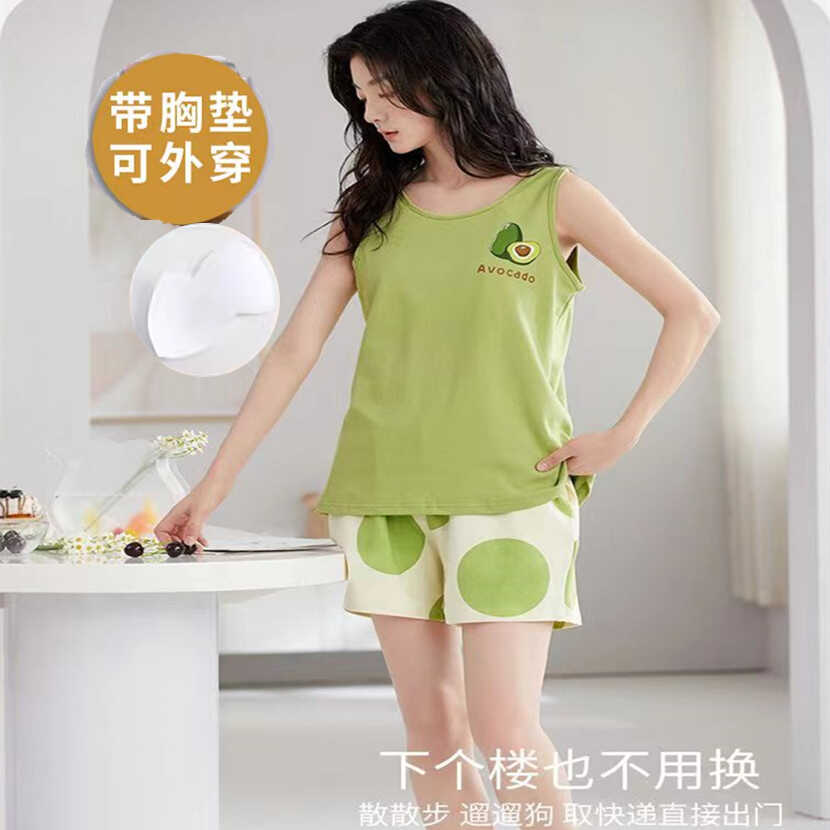 睡衣女士夏季自带胸垫背心套装可外穿薄款纯棉网红家居服2024新款