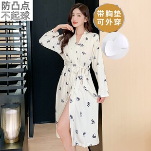 睡袍女士长袖春秋季带胸垫一体系睡衣性感女人浴袍空调家居服秋冬