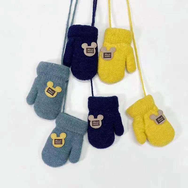 儿童冬季挂脖手套男女宝宝可爱卡通挂绳针织毛线全包连指防寒手套