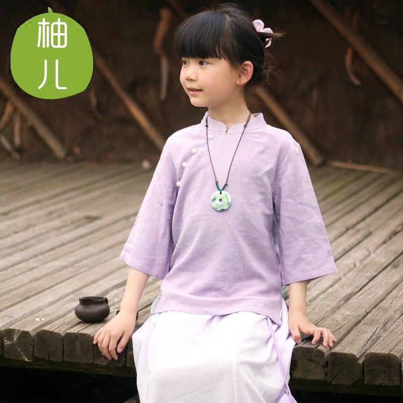 紫莲|柚儿童装棉麻茶服女童唐装复古小女孩中国风古筝演出服春夏
