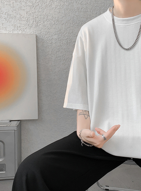 8XL-M 重磅！特大码港风短袖T恤男士半袖男五分袖体恤衫DX306P40