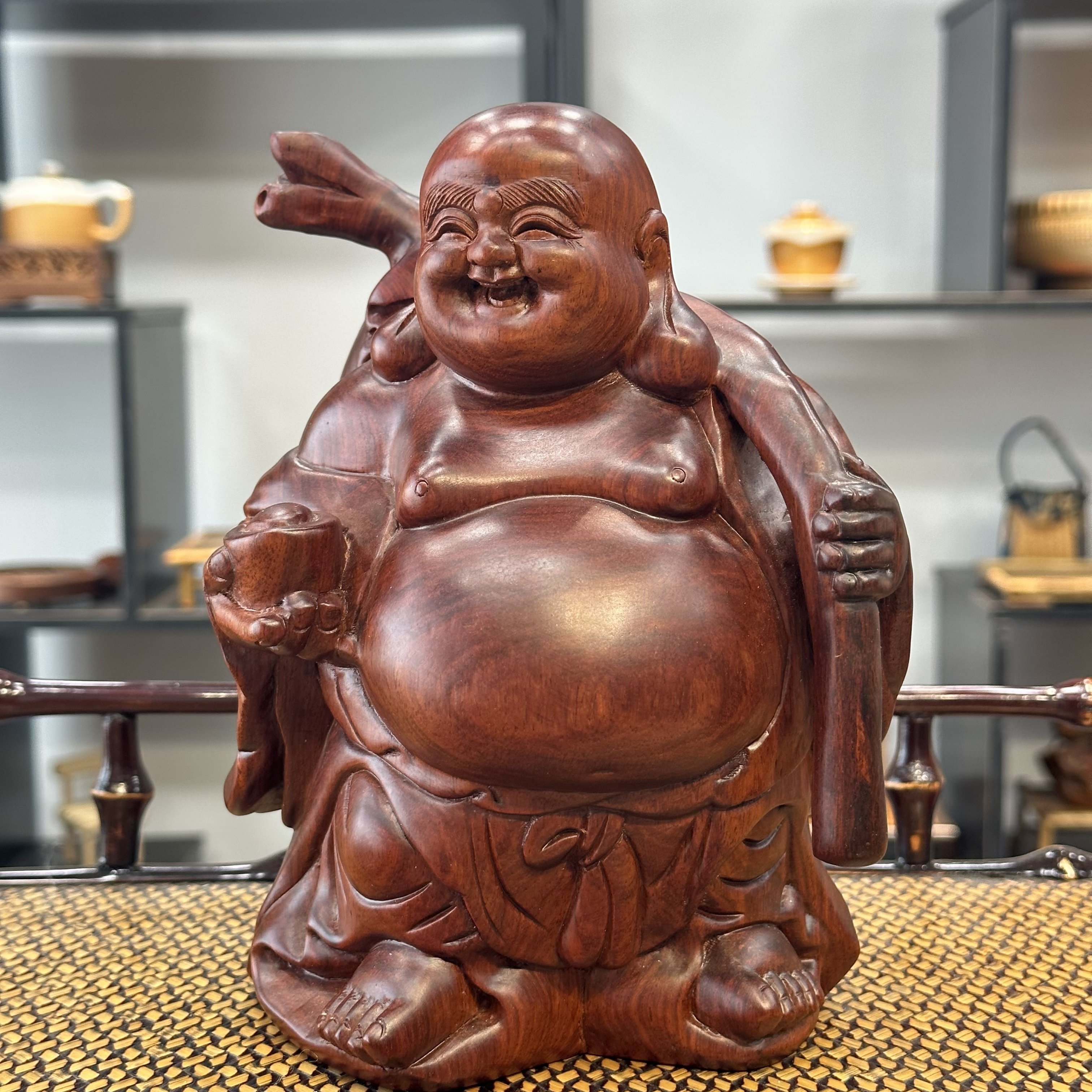 邱师傅竹木弥勒佛木雕缅甸花梨木笑佛客厅实木中式雕刻工艺品摆件