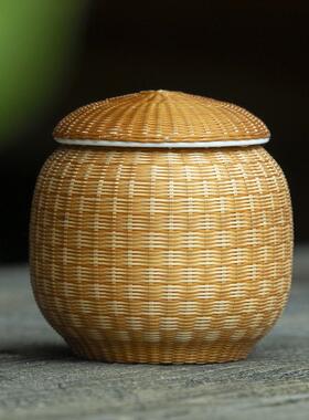 邱师傅竹木GZ009竹丝扣瓷迷你小罐子100毫升便捷旅行茶叶罐密封罐