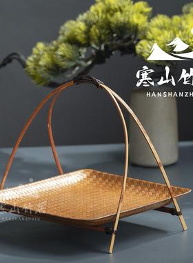 邱师傅竹木 竹编提篮零食果盘手工编织带提手糕点篮大漆可拆卸