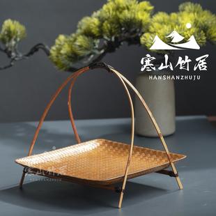 邱师傅竹木 竹编提篮零食果盘手工编织带提手糕点篮大漆可拆卸