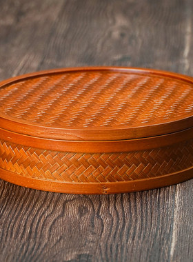 （直播）HZ039复古中式竹编带盖圆盒黄色竹制收纳盒茶具收纳盒