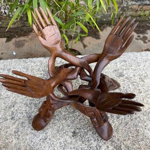 邱师傅竹木BJ008檀木根雕创意佛手托盘摆件中式整木雕刻托盘支架