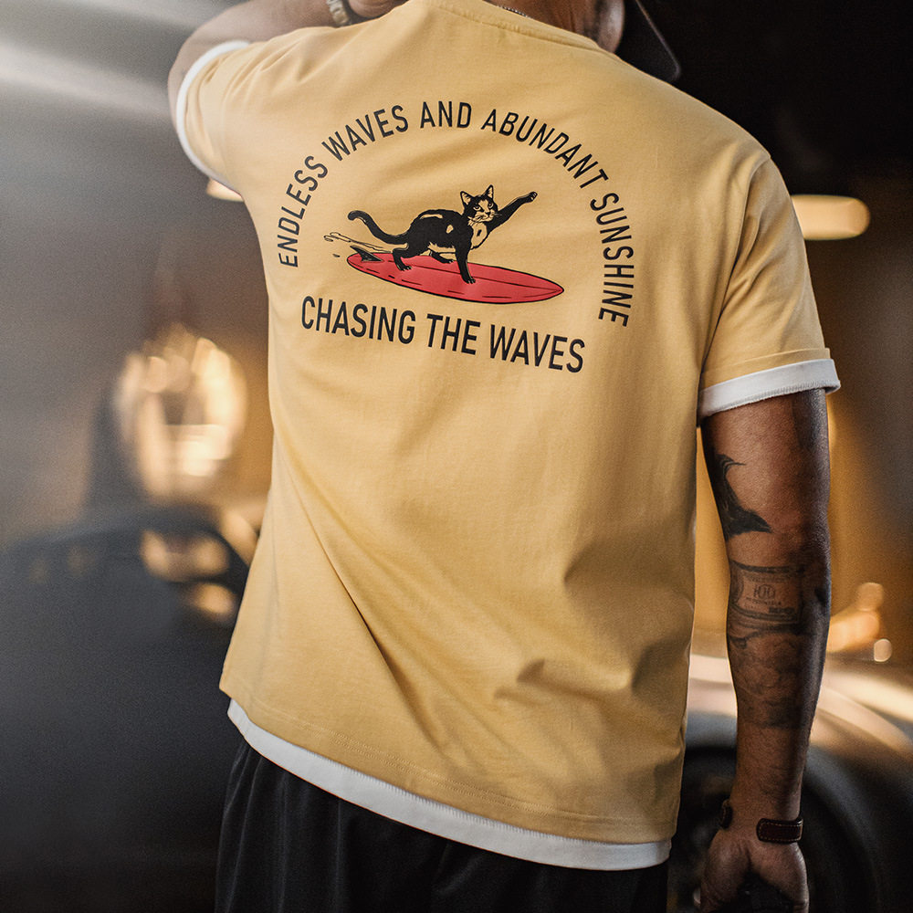 马登工装美式复古后背发泡印花T恤重磅姜黄色小众创意短袖男款夏