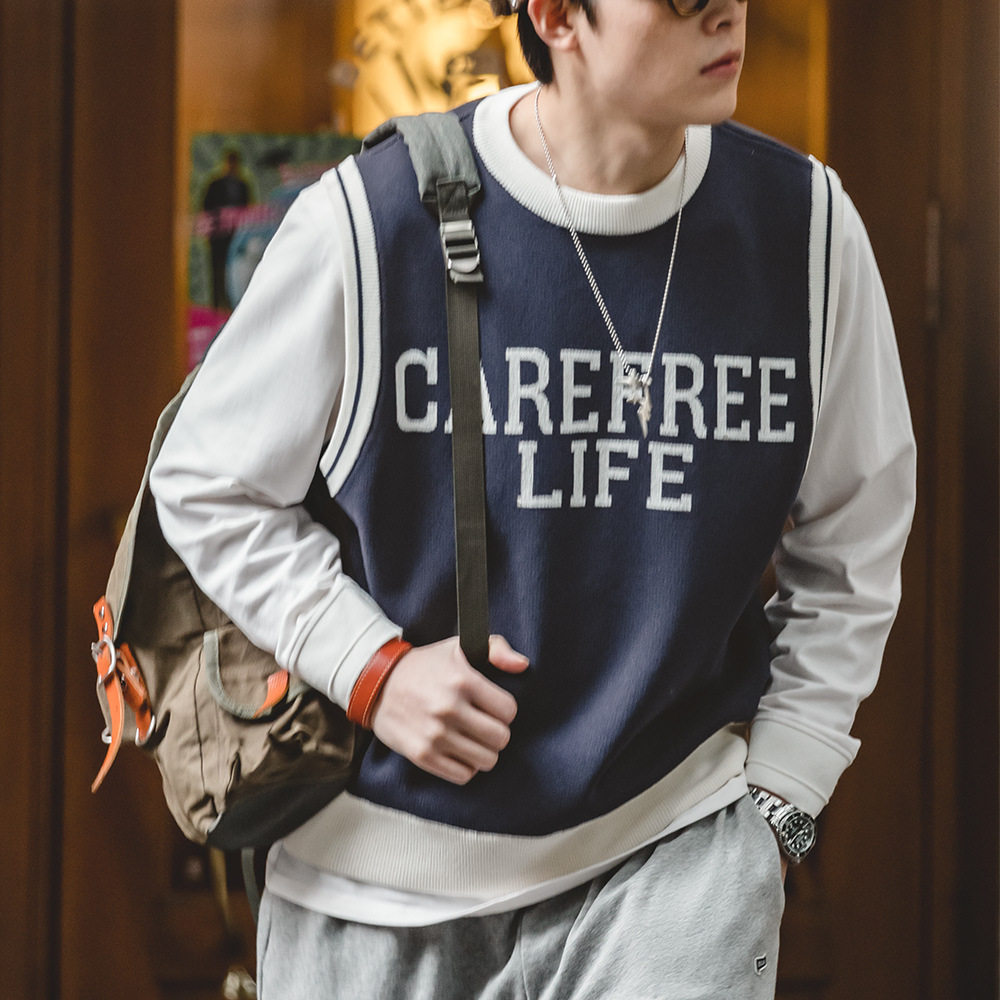 马登工装 美式休闲圆领字母针织背心学院风街头无袖套头马甲男春