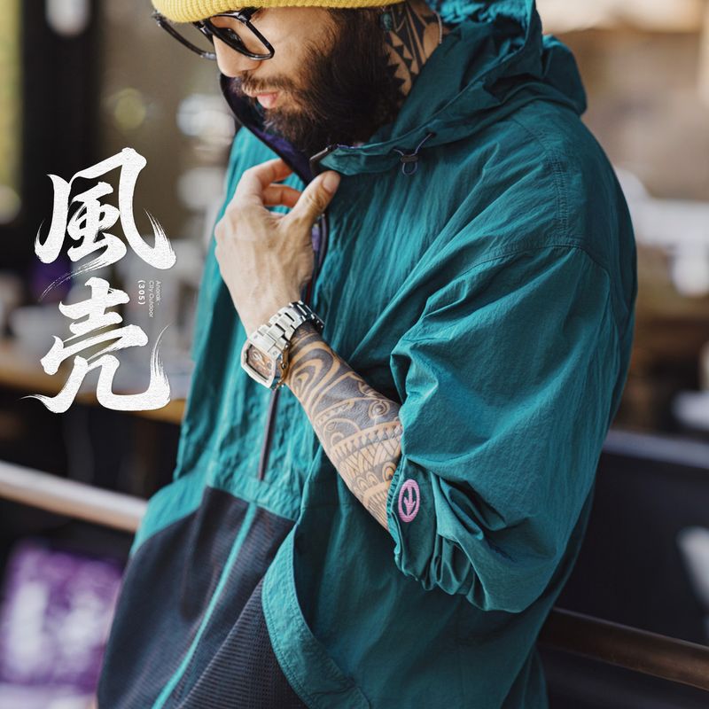 马登工装美式复古山系轻户外连帽衫拉链薄卫衣带帽梭织廓形外套男