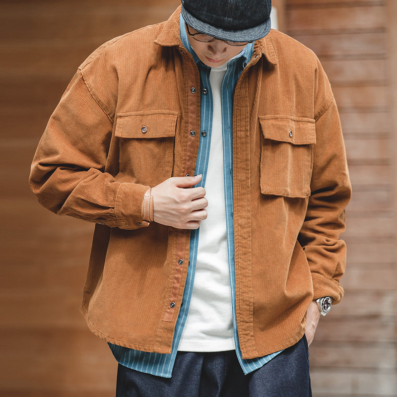 马登工装美式复古宽松夹克灯芯绒翻领古着痞帅外穿口袋薄衬衫男秋