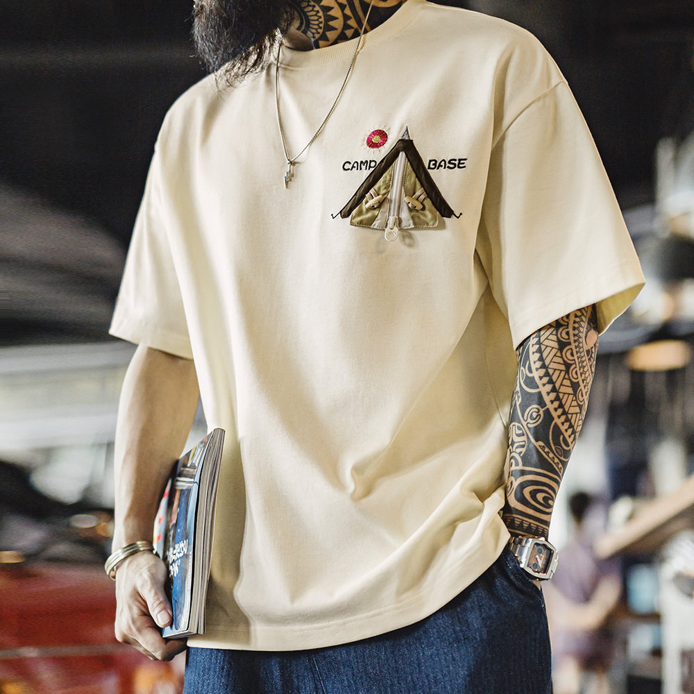 马登工装美式创意刺绣T恤米白色纯棉重磅半袖螺纹领口短袖男夏季