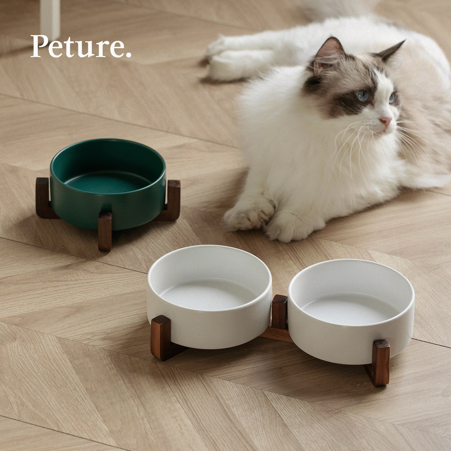 Peture猫碗陶瓷狗狗水碗双碗碗架护颈椎宠物猫咪粮碗猫食盆防打翻
