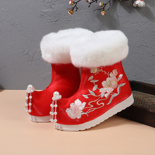 冬季儿童马面裙靴中国风新年汉服靴翘头格格靴女孩红色绣花旗袍靴