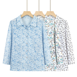 中老年人全棉夏季花衬衣女奶奶夏装七分袖宽松薄上衣妈妈纯棉衬衫