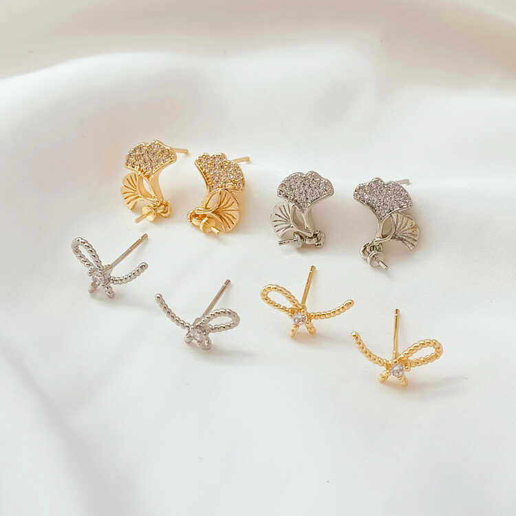 强保色14K铜包金镶锆银杏叶吊托针麻花打结S925银耳针手工DIY耳饰